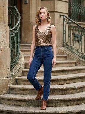 LAUREN RALPH LAUREN SEQUIN BRONZE DOUBLE V-NECK SLEEVELESS TANK TOP SZ 14
